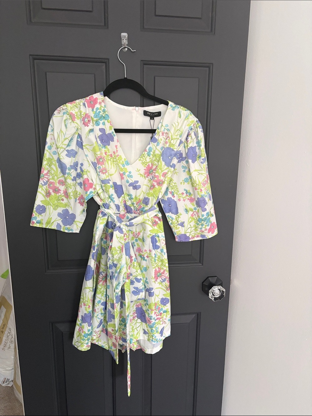 Floral V-Neck Romper in White with Pastel Blue & Pink